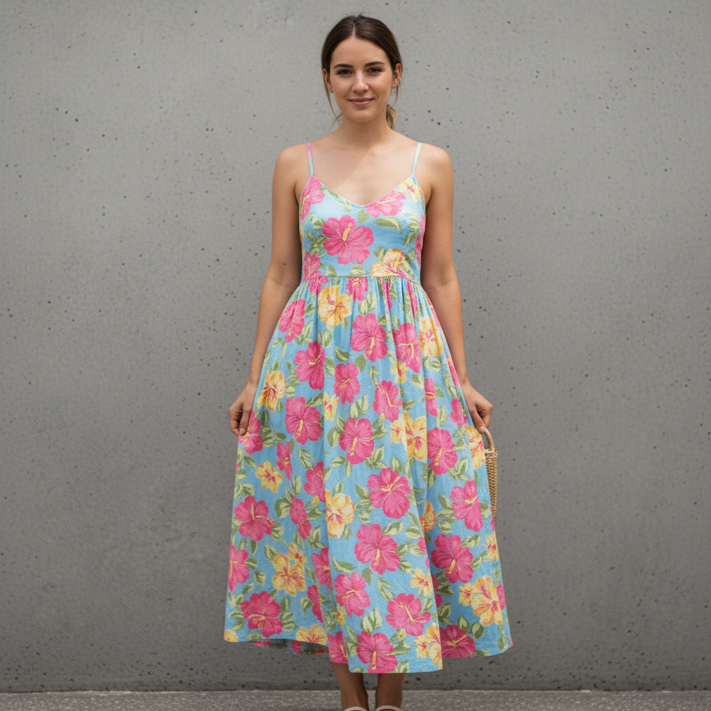 Same woman in light floral sundress
