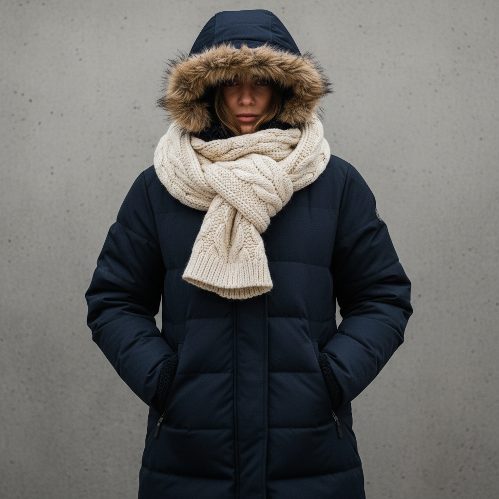Woman in heavy navy winter coat and scarf