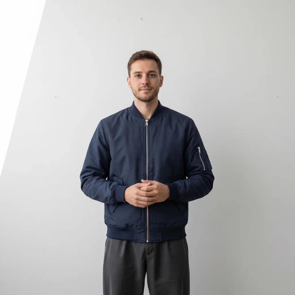 Same man wearing the navy blue bomber jacket from the reference photo