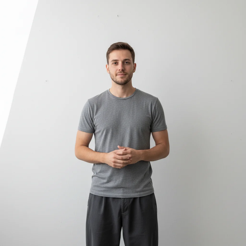 Man in plain grey t-shirt and dark trousers