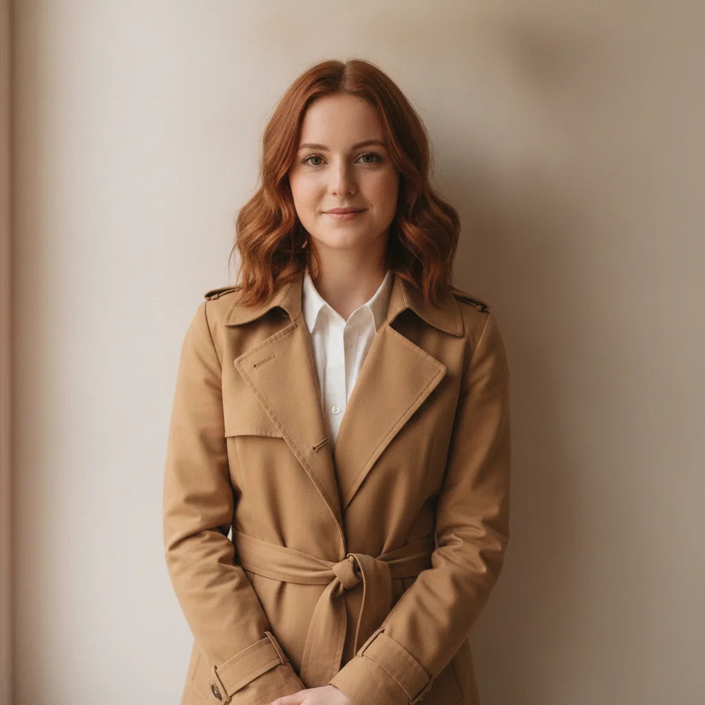 The same woman in a camel trench coat over a white shirt, face and pose unchanged