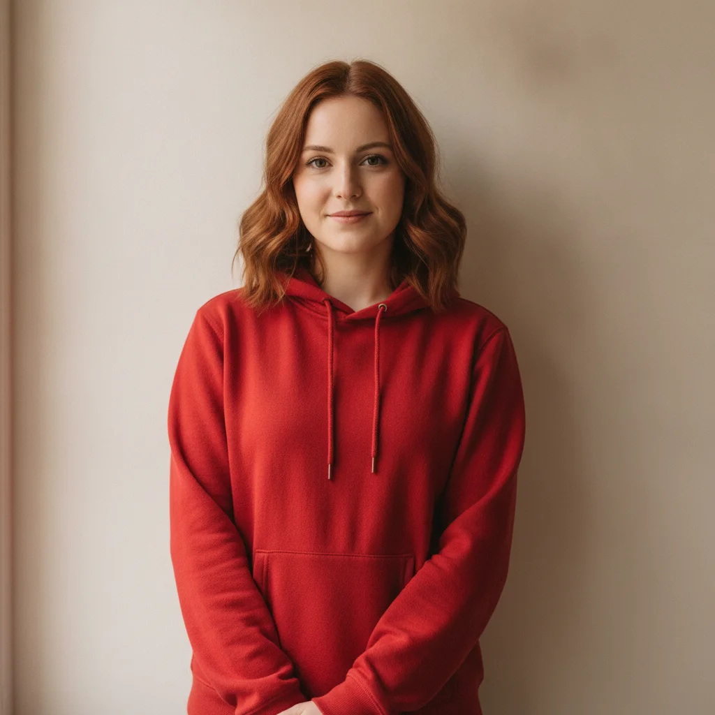 Woman in a bright red hoodie against a warm-white wall