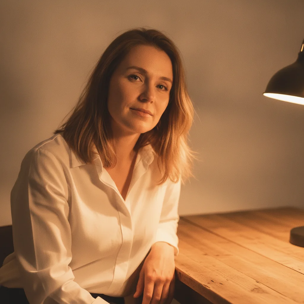 Same woman with neutral skin tones and white shirt after color cast correction