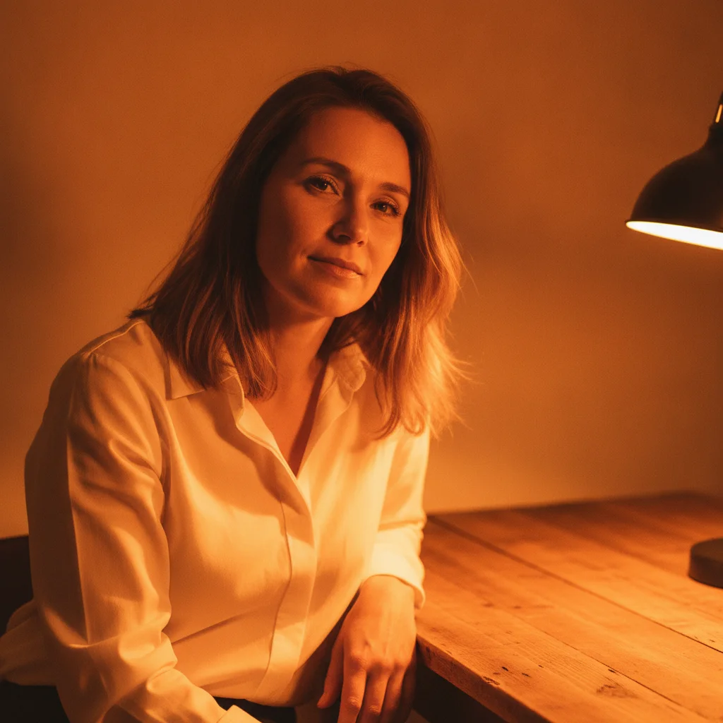 Woman in white shirt under tungsten lamp with heavy orange color cast