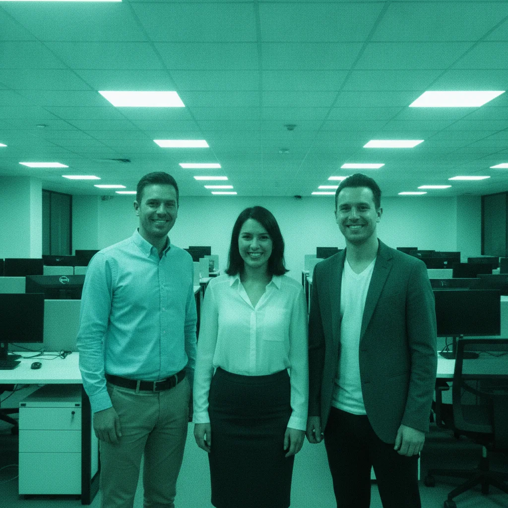Three people in office with green-cyan fluorescent color cast