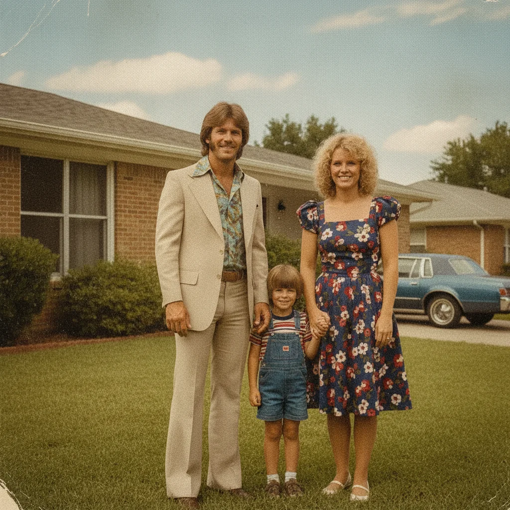 Same family photo with neutral colors restored after dye-fade correction