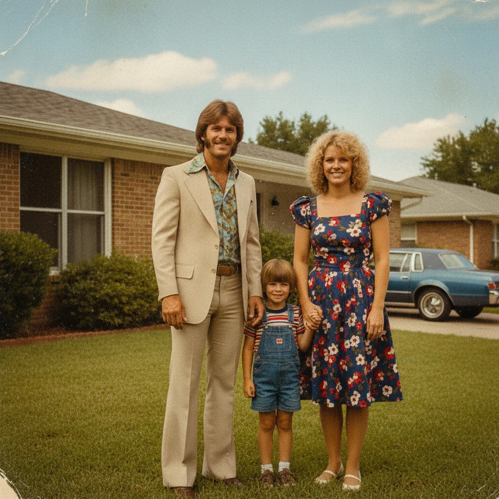 Scanned 1980s family photo with heavy yellow-orange dye-fade color cast