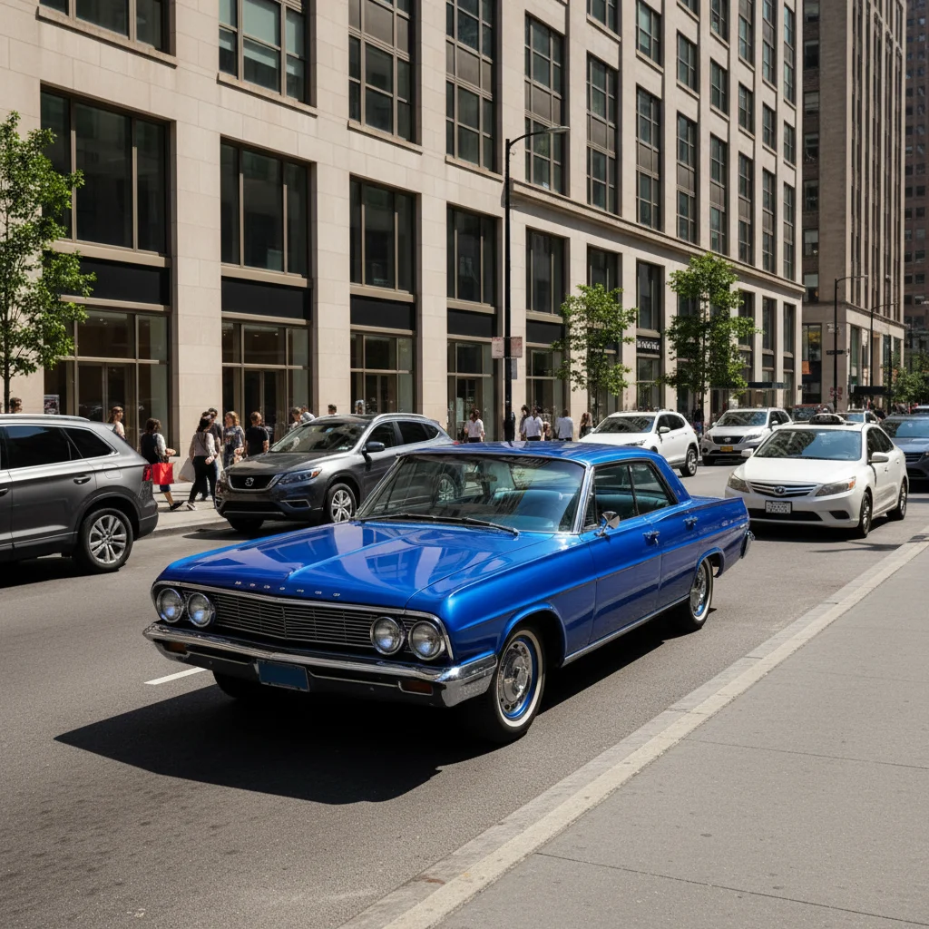 Street scene with blue vintage car among other vehicles