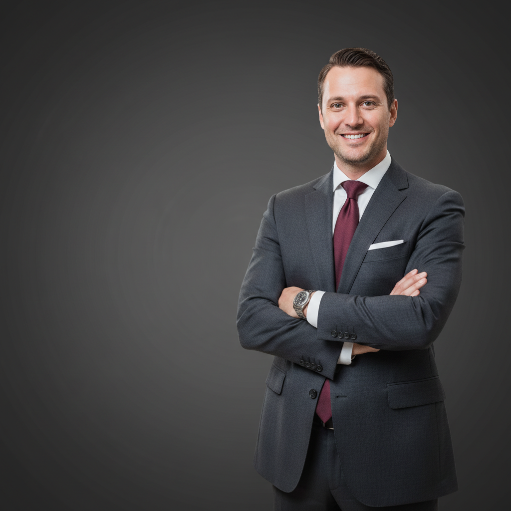 Same woman with formal board portrait, dark suit, and charcoal gradient background