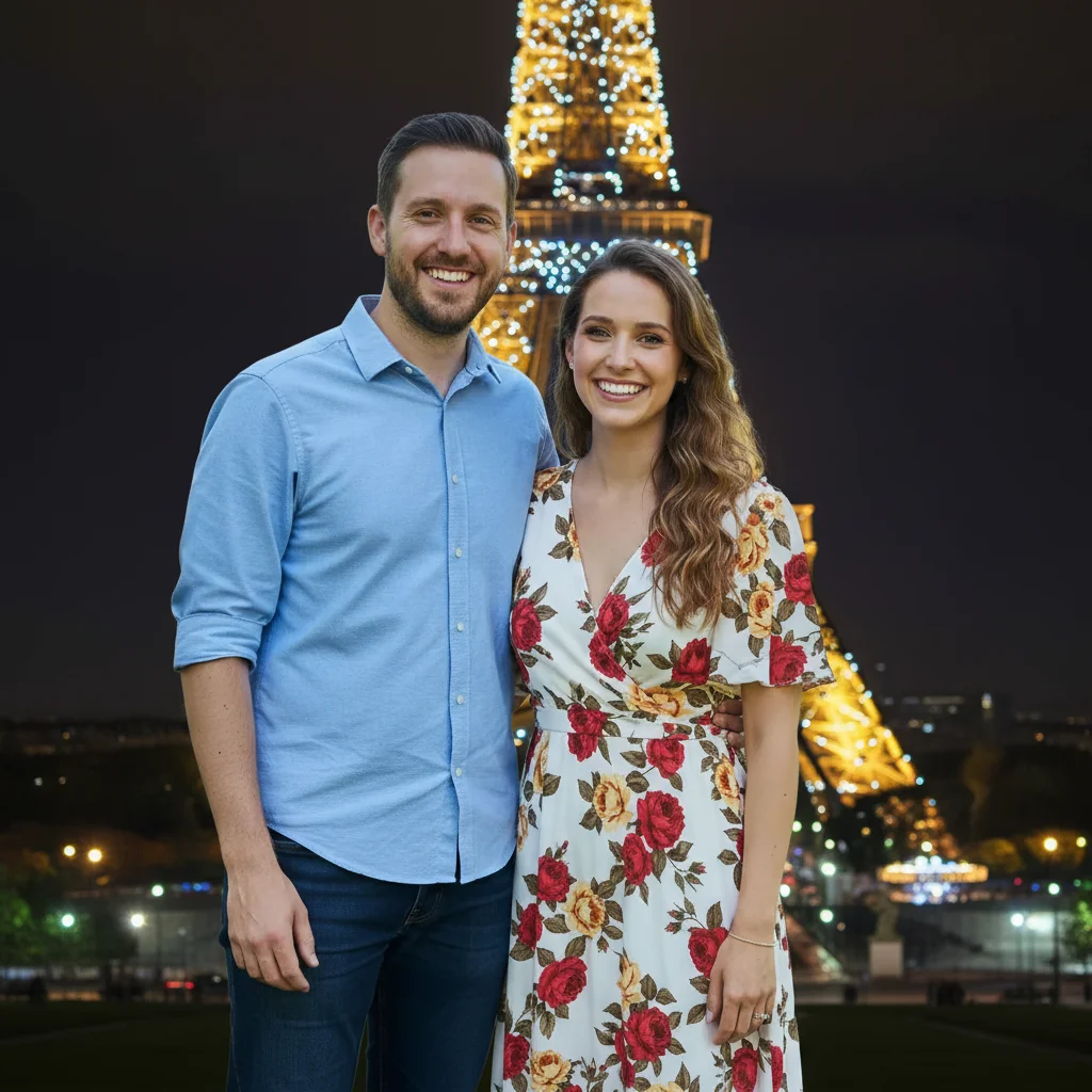 Same couple in front of Eiffel Tower at night with twinkling lights