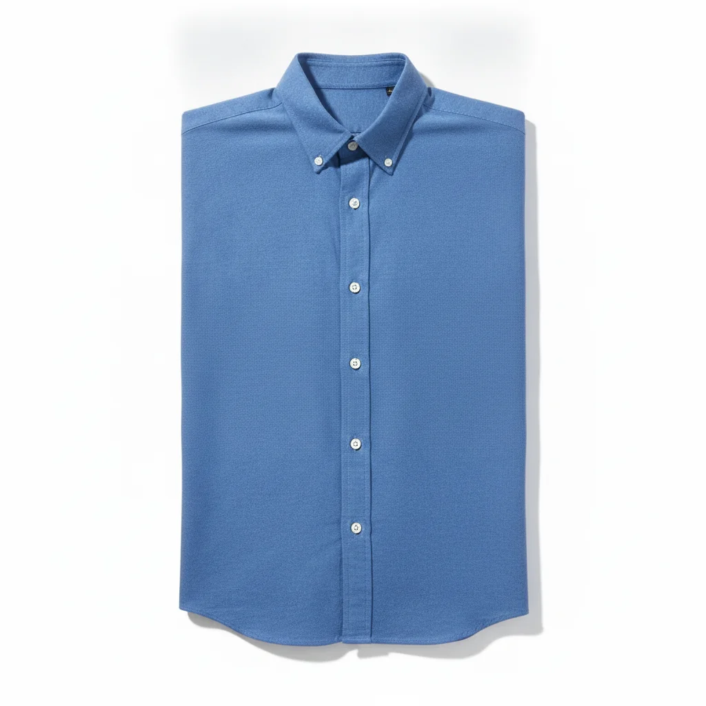 Same blue shirt with the fold line removed and flat fabric surface restored