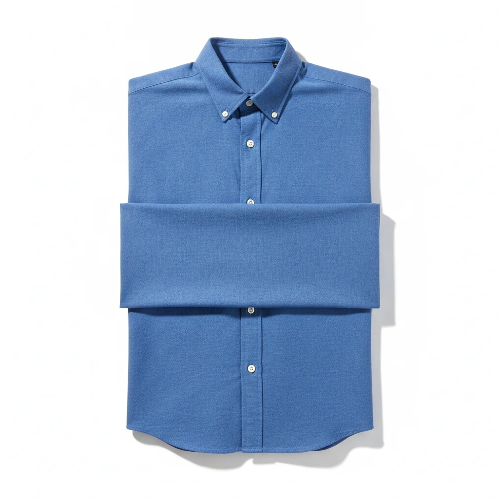 Blue Oxford shirt flat-lay with sharp horizontal packaging fold line across center
