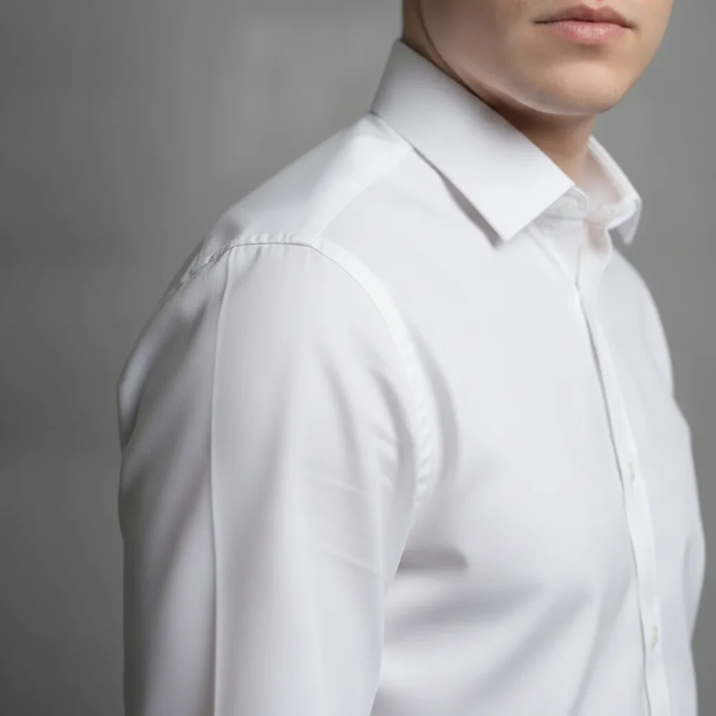 Same portrait with the sleeve crease removed, face and background unchanged