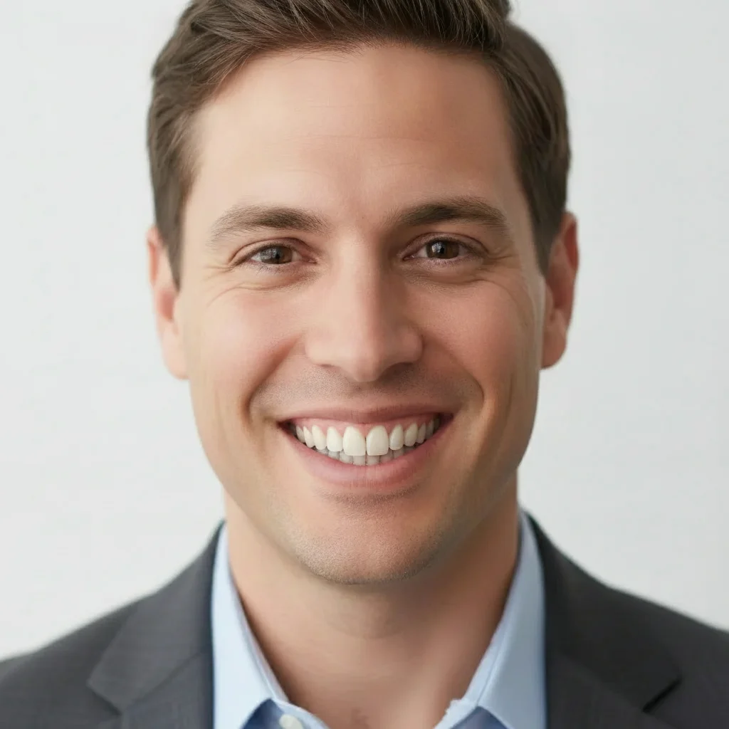 Same man smiling with front teeth evenly aligned, natural texture preserved