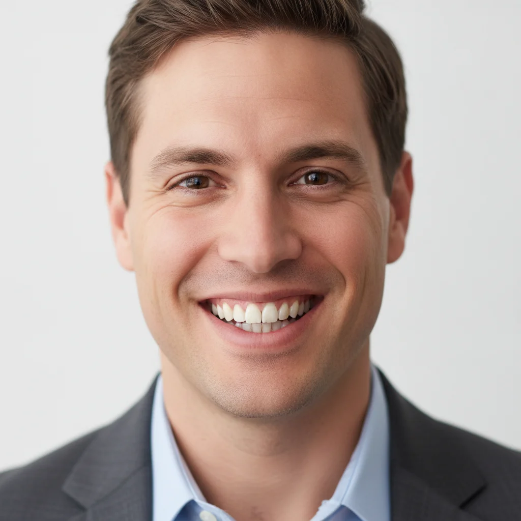 Man smiling with one front tooth overlapping the adjacent tooth