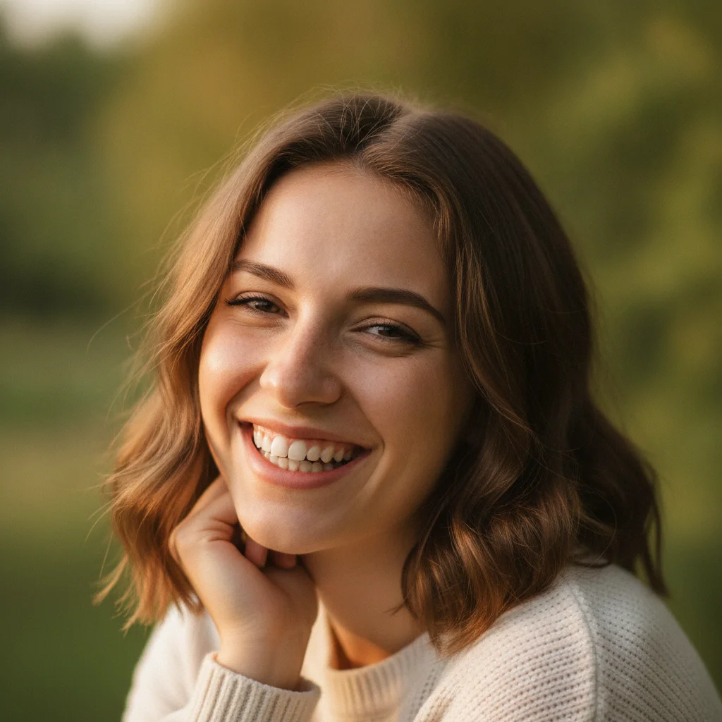 Woman with a visible gap between her two front teeth, smiling outdoors