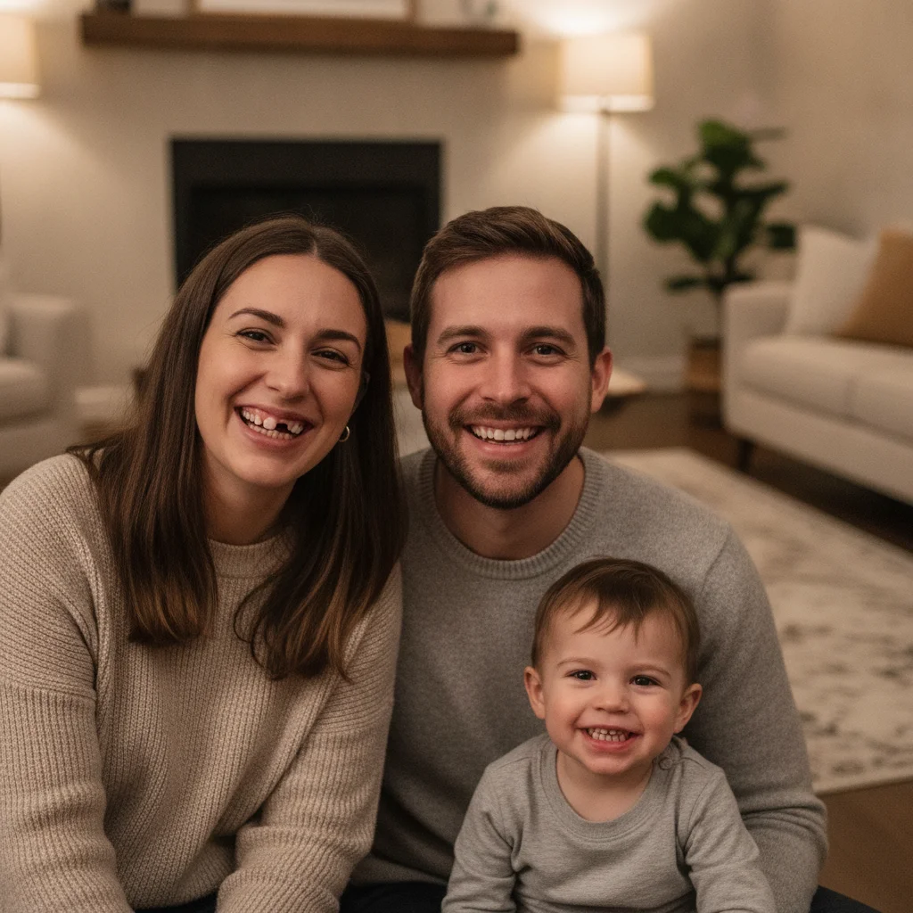 Family portrait with one person showing multiple crooked, misaligned teeth