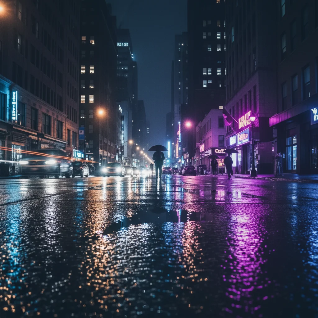 Rain-soaked cyberpunk street with purple and blue neon