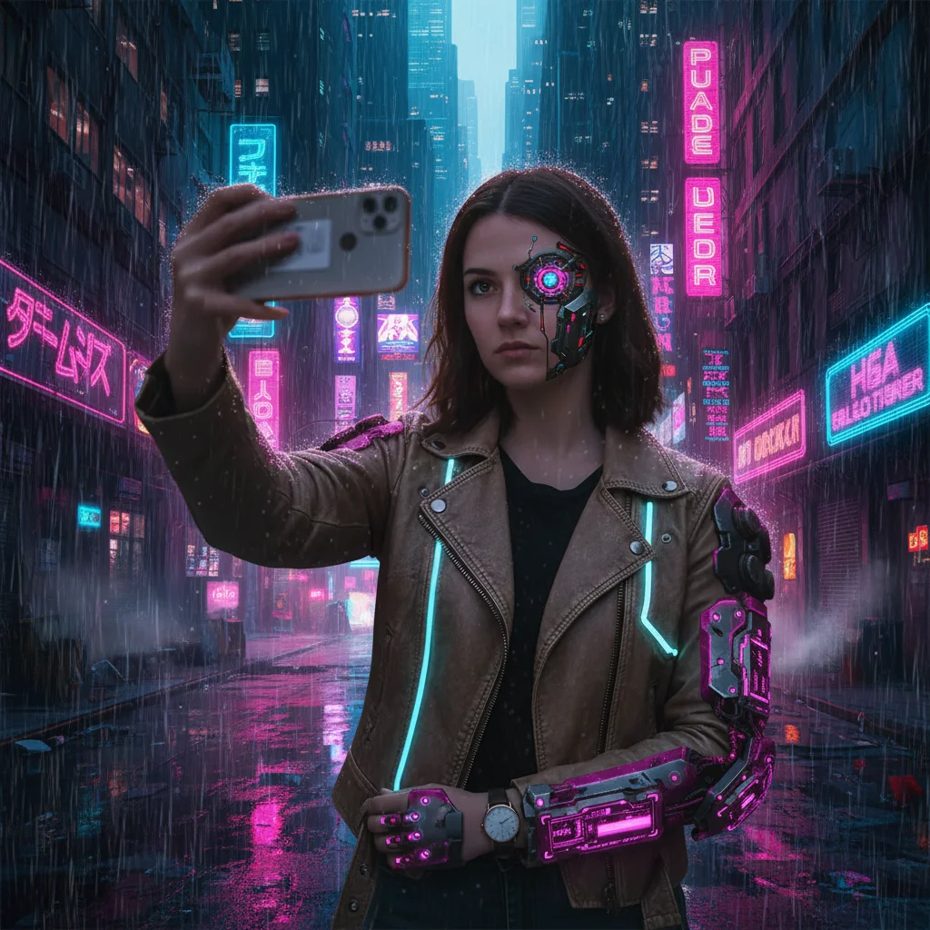 Photo after transform selfie into a cyberpunk warrior with neon and tech gear with AI