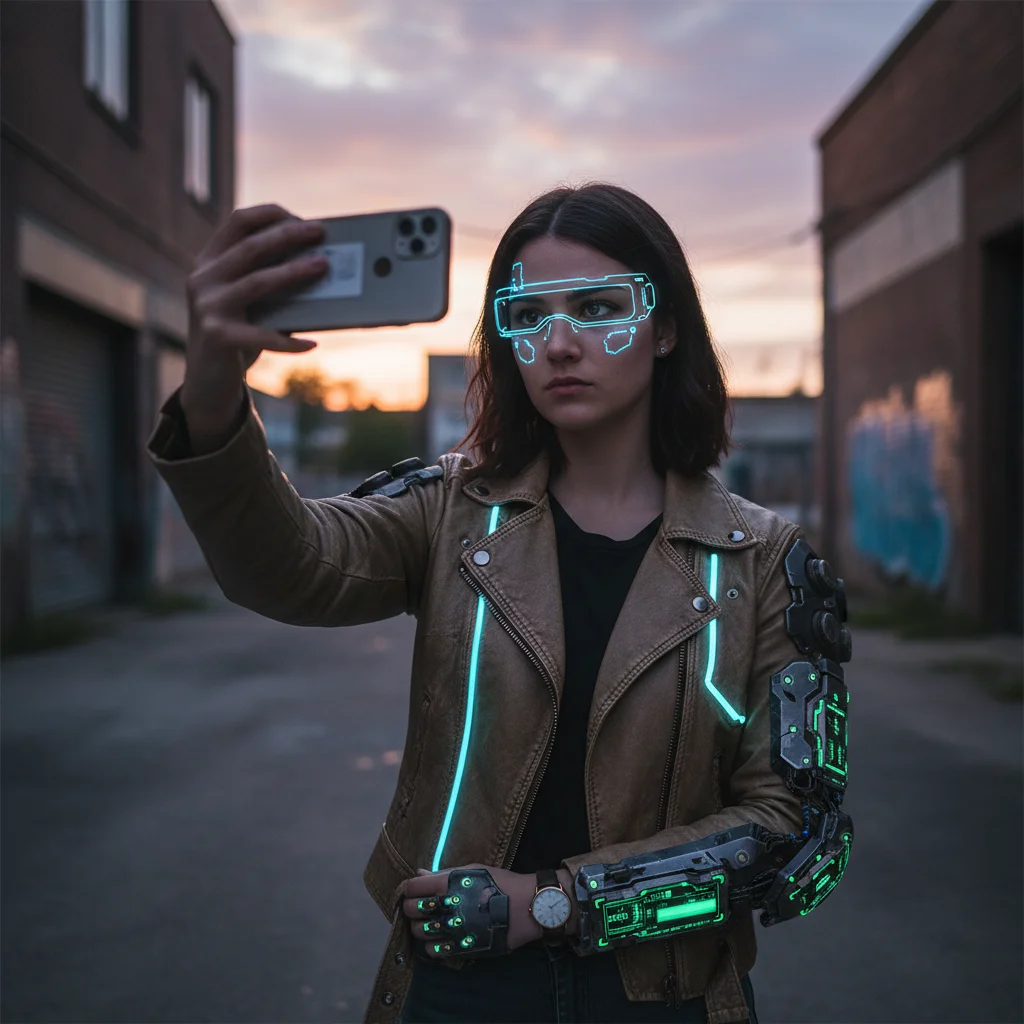 Original photo before transform selfie into a cyberpunk warrior with neon and tech gear