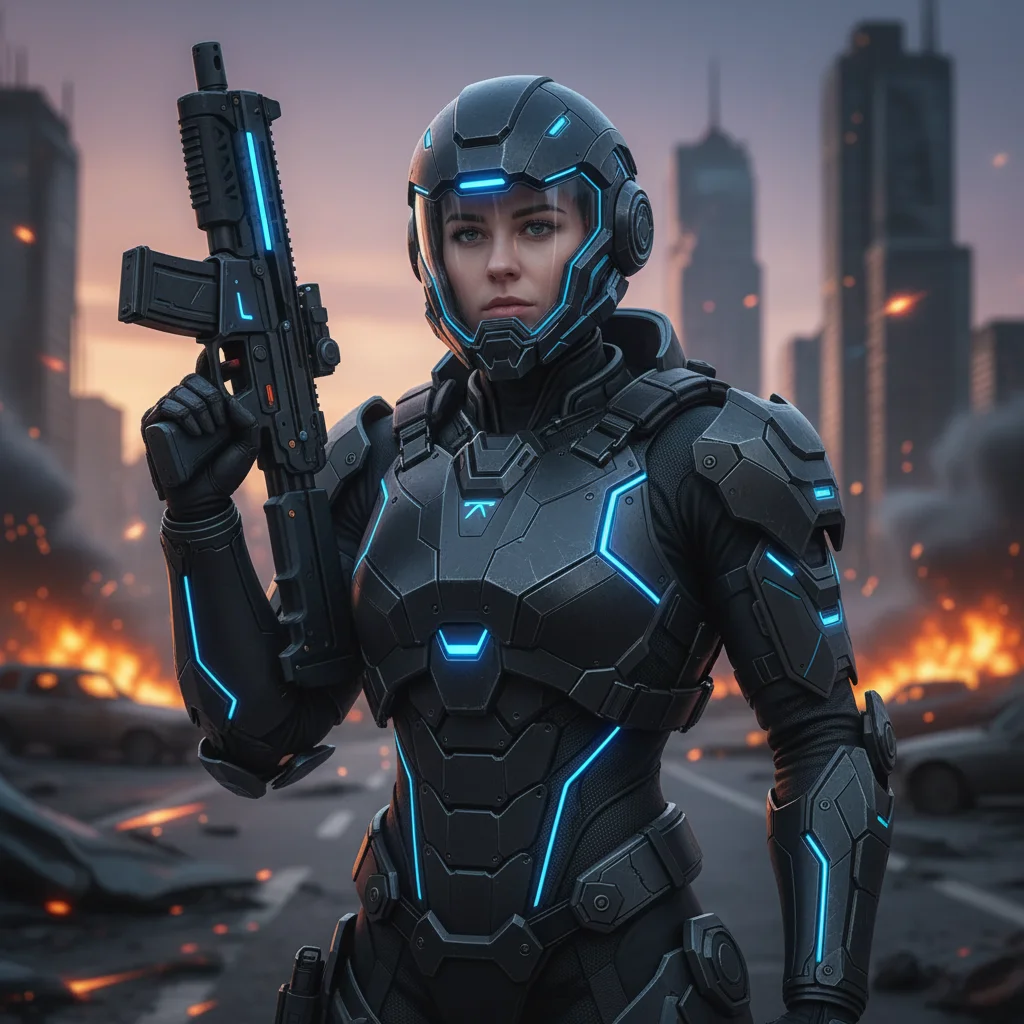 Photo after transform selfie into a cyberpunk warrior with neon and tech gear with AI