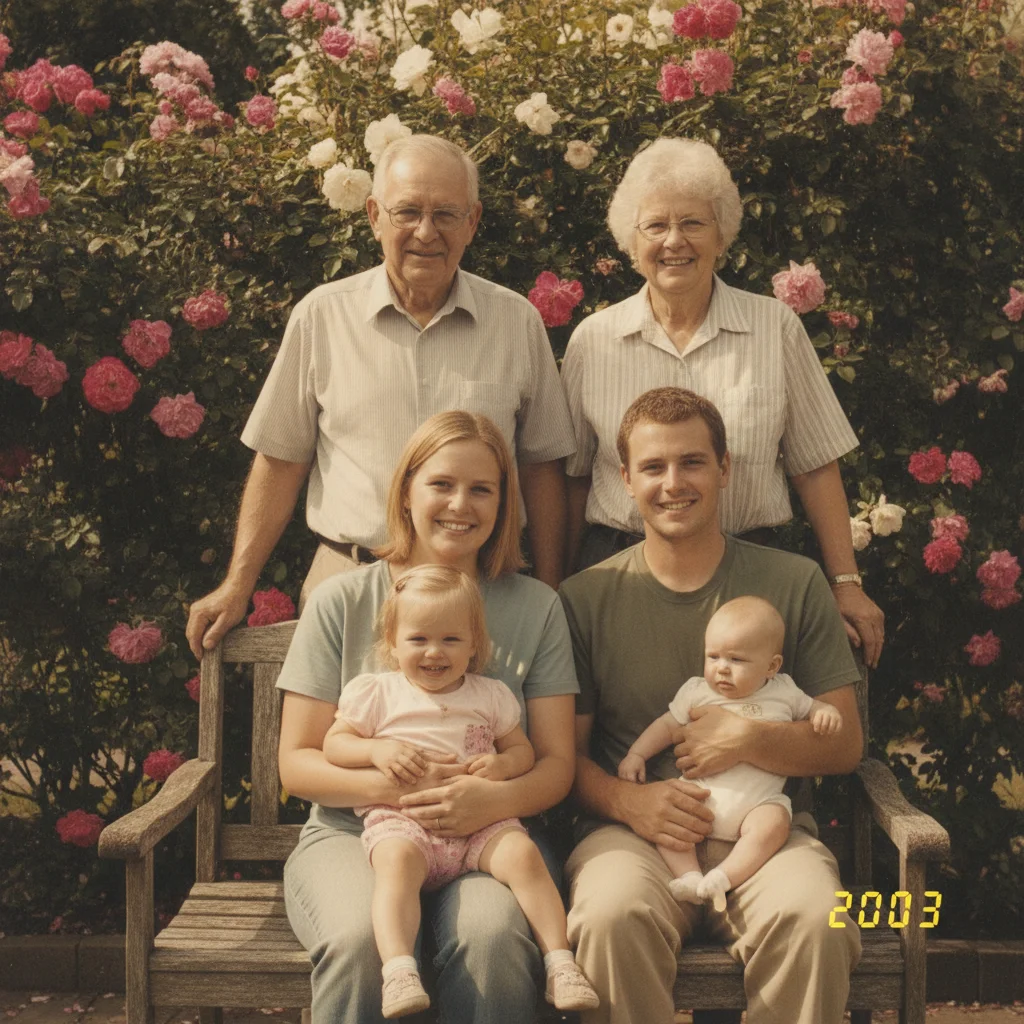 Vintage family portrait in a rose garden with a yellow 2003 date stamp in the corner