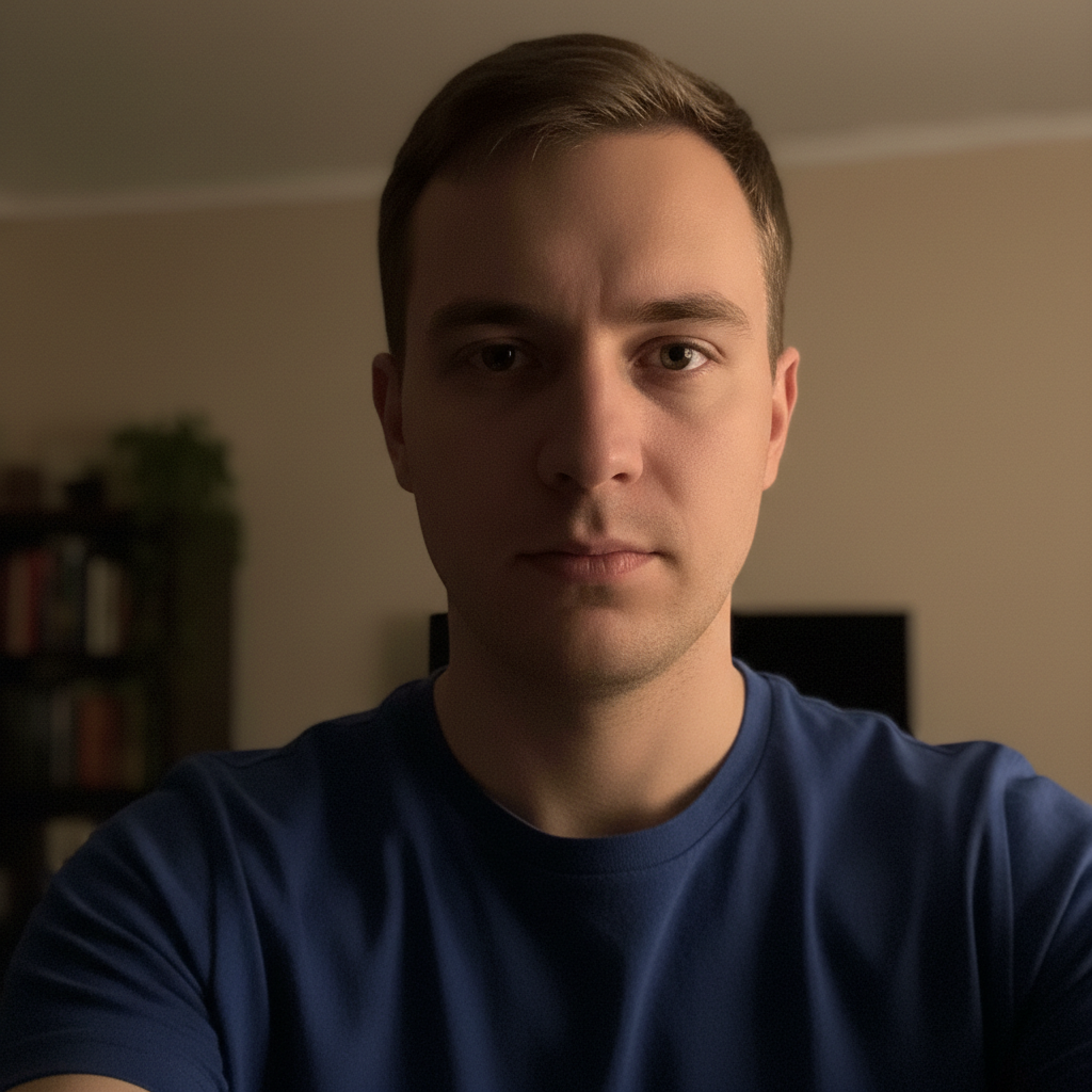 Dark indoor selfie with single warm lamp and harsh facial shadows