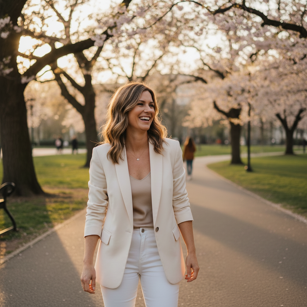 Same woman alone with natural park background filled in where the other person was