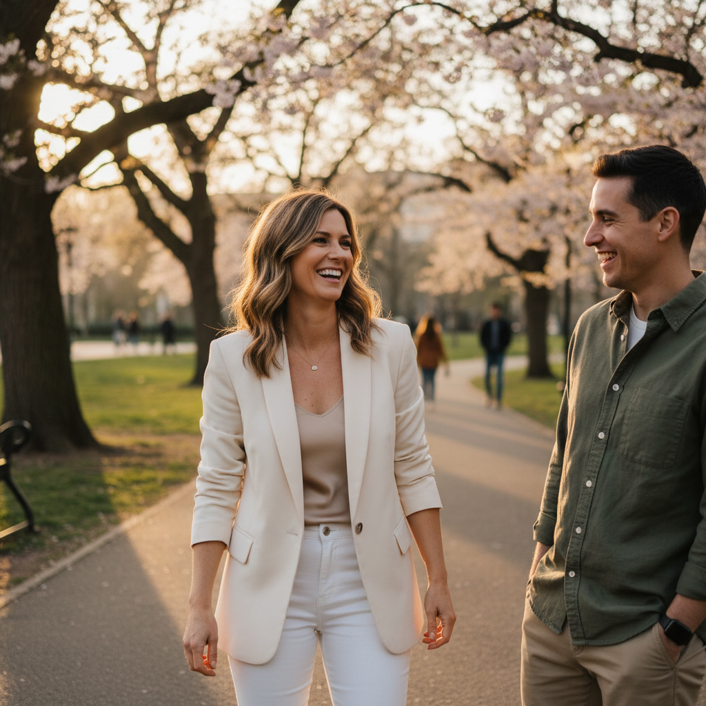 Woman in white blazer with another person visible on the right