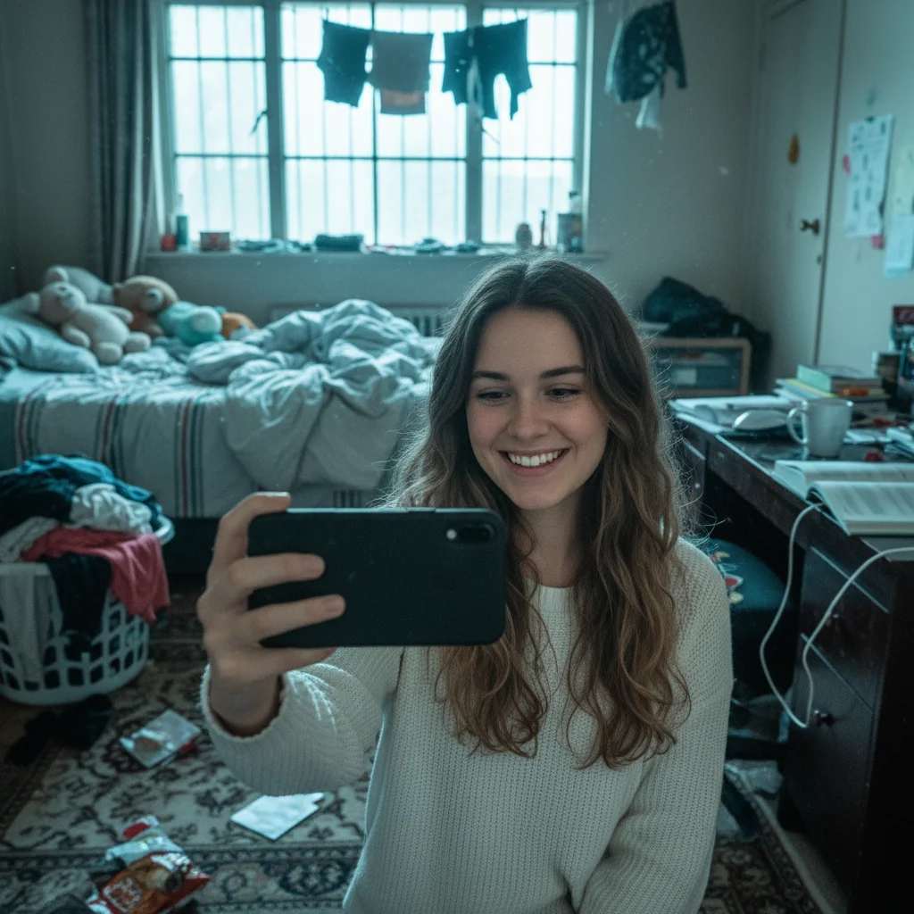 Woman taking selfie with messy bedroom visible behind her