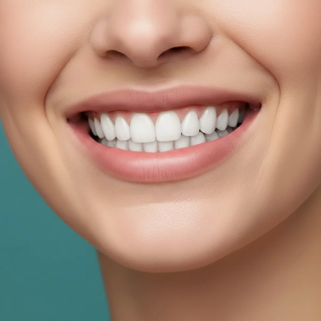 Same smile with bright Hollywood veneers on all visible teeth