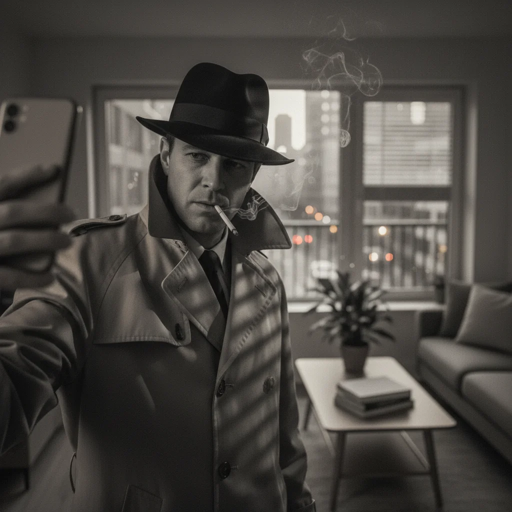 Photo after transform selfie into a film noir detective scene with AI