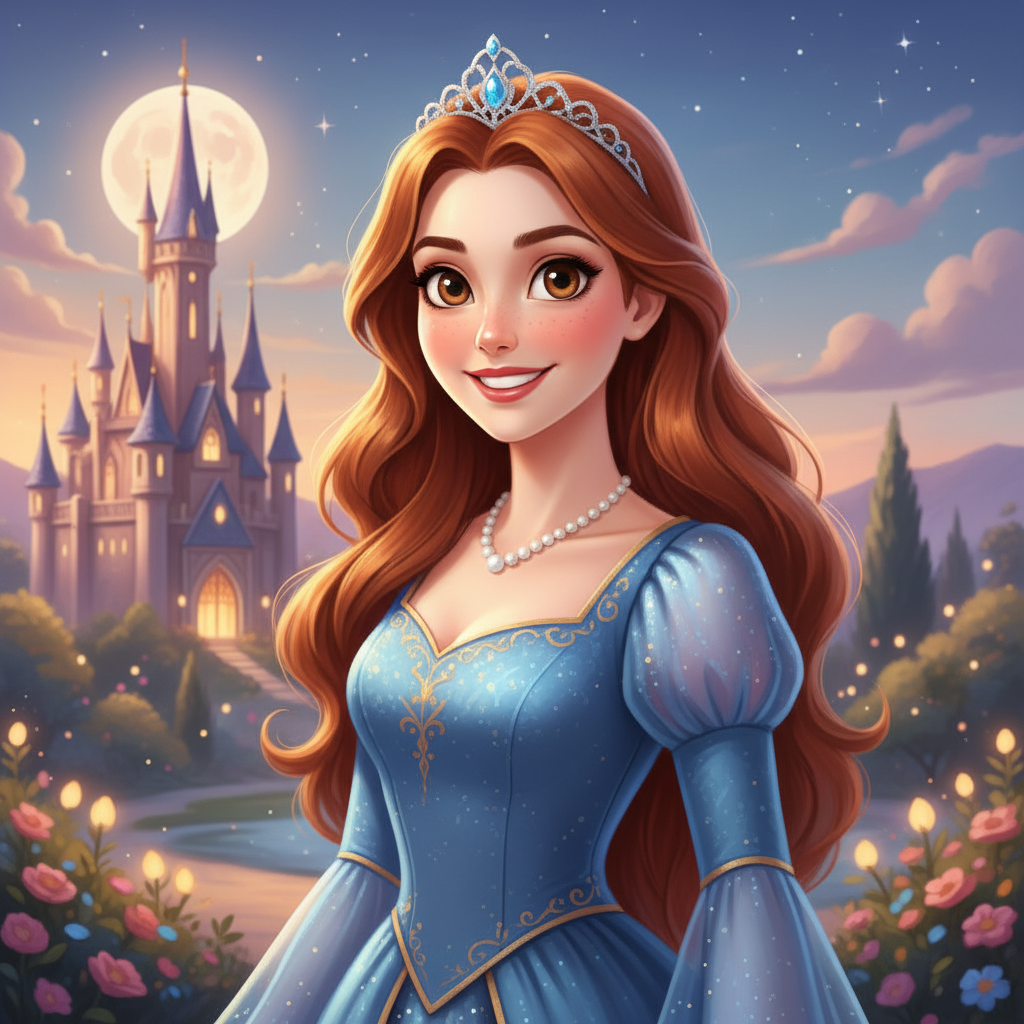Same woman as a Disney-inspired animated princess with large expressive eyes and illustrated castle background