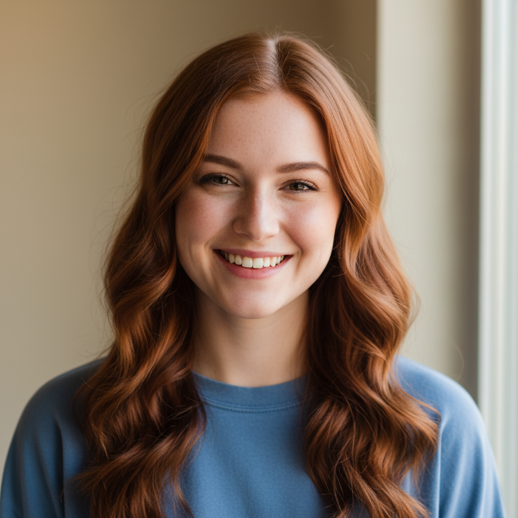 Portrait of a young woman with auburn hair in casual blue top