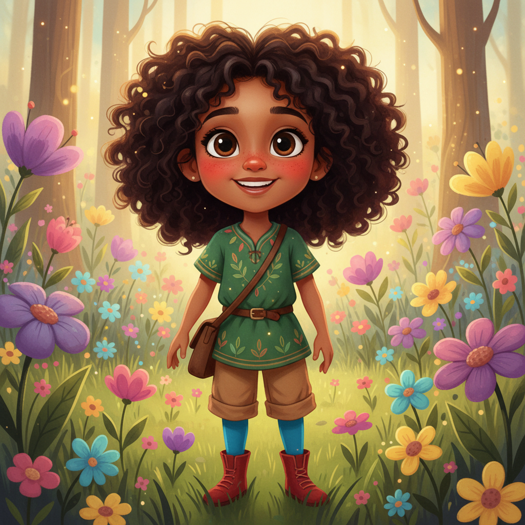 Same child as an animated storybook character with large eyes and enchanted meadow background