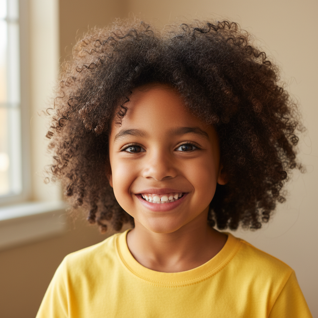 Child portrait with curly dark hair and yellow shirt
