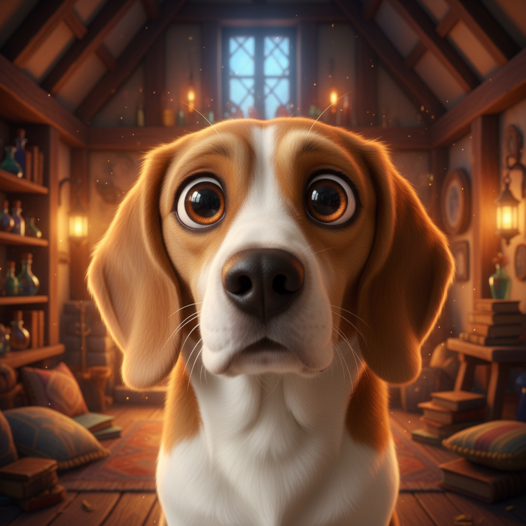 Same beagle as an animated companion animal with large expressive eyes and warm cottage background