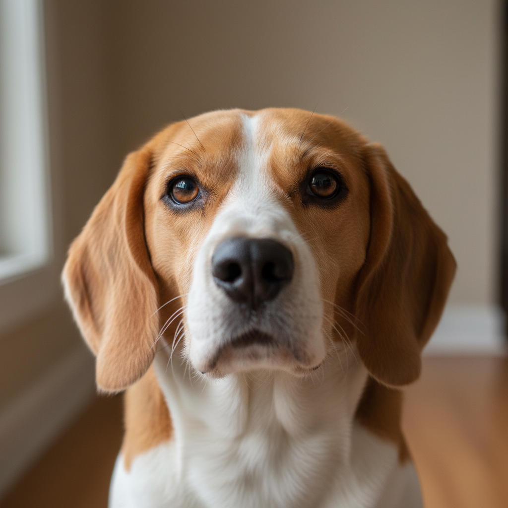 Beagle dog with soulful brown eyes against neutral background