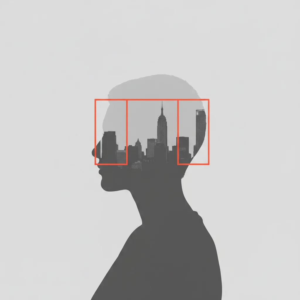 Portrait with cityscape buildings blended inside silhouette
