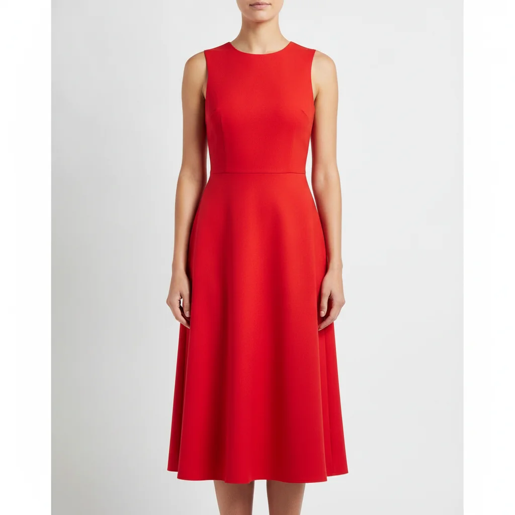 Model in bright red midi dress on white background