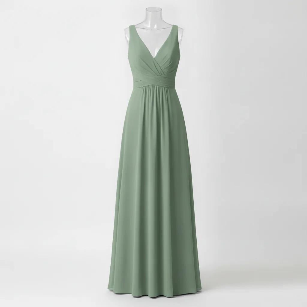 Same dress in sage green with V-neckline and ruching preserved