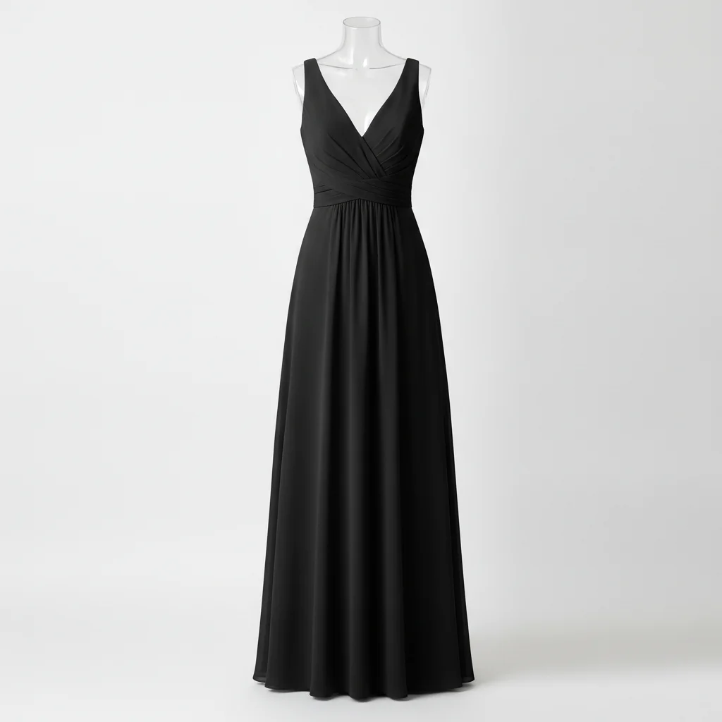 Black floor-length bridesmaid dress with V-neckline and ruched waist