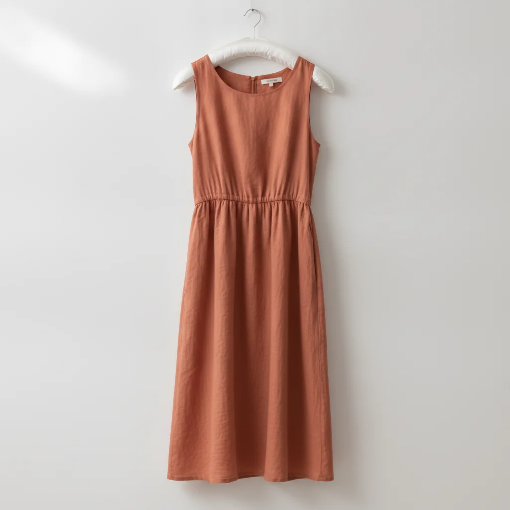 Same dress in terracotta with identical gathered waist, seam positions, and linen texture