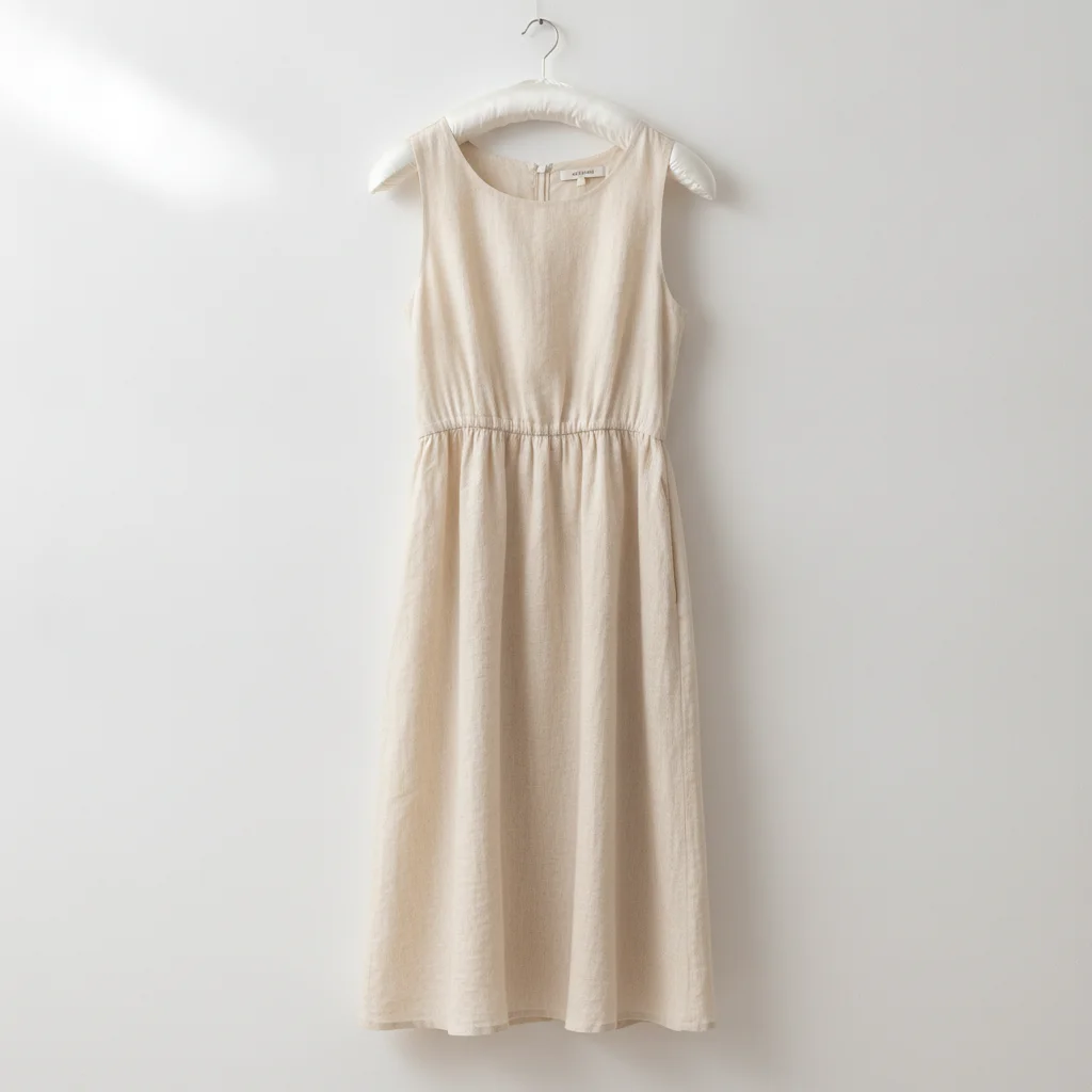 Ivory linen midi dress on hanger against white wall, gathered waist and fabric texture visible