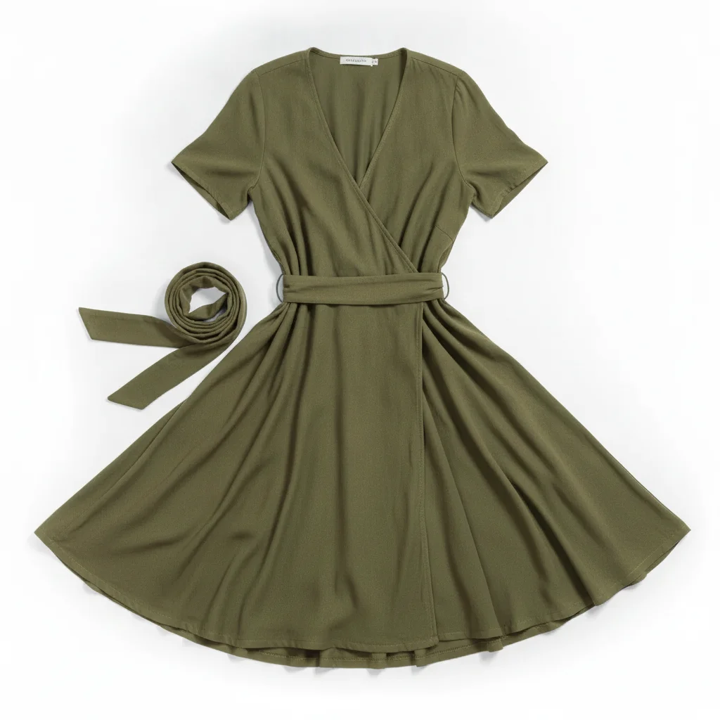 Same wrap dress in earthy olive green — wrap tie and neckline details preserved