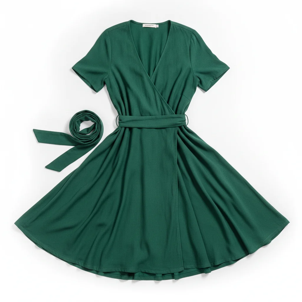 Wrap dress flat-lay on white background with wrap tie and V-neckline clearly visible