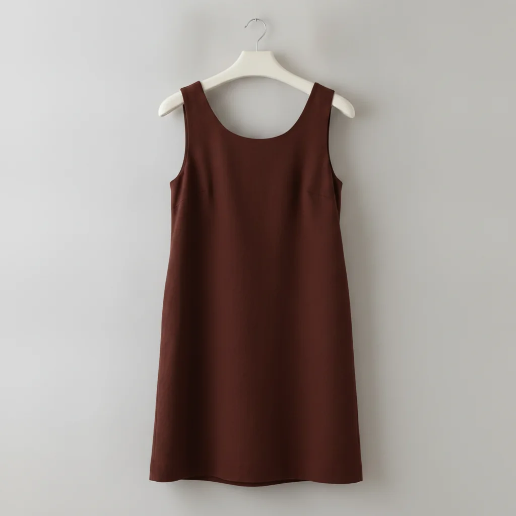 Same shift dress in dark reddish brown, seams and pockets identical to original