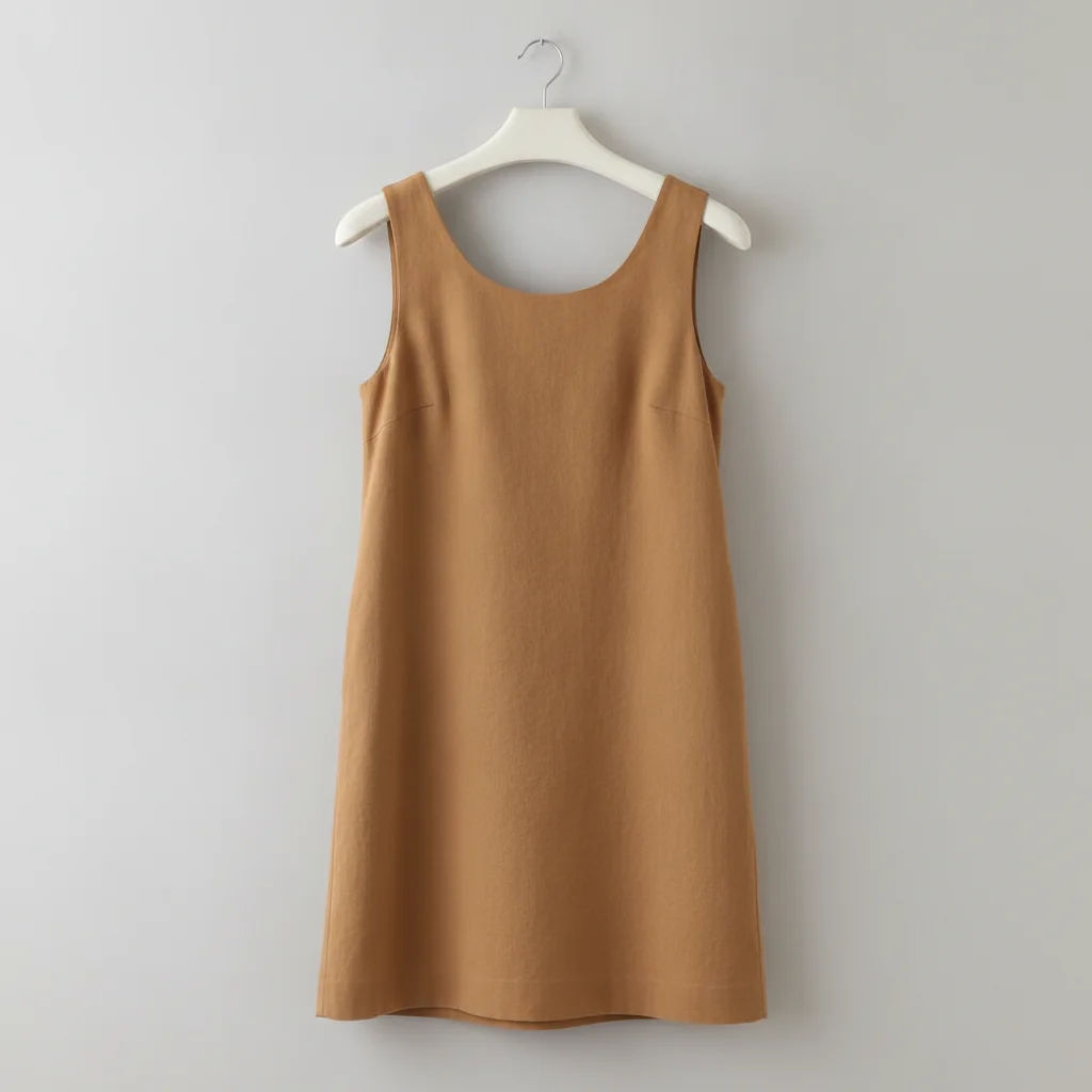 Camel sleeveless shift dress on hanger against light grey background, pockets visible