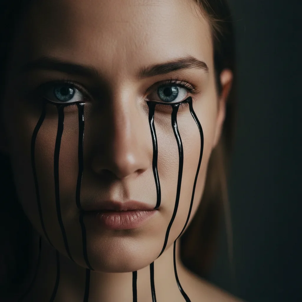 Surreal portrait with black ink dripping from eyes