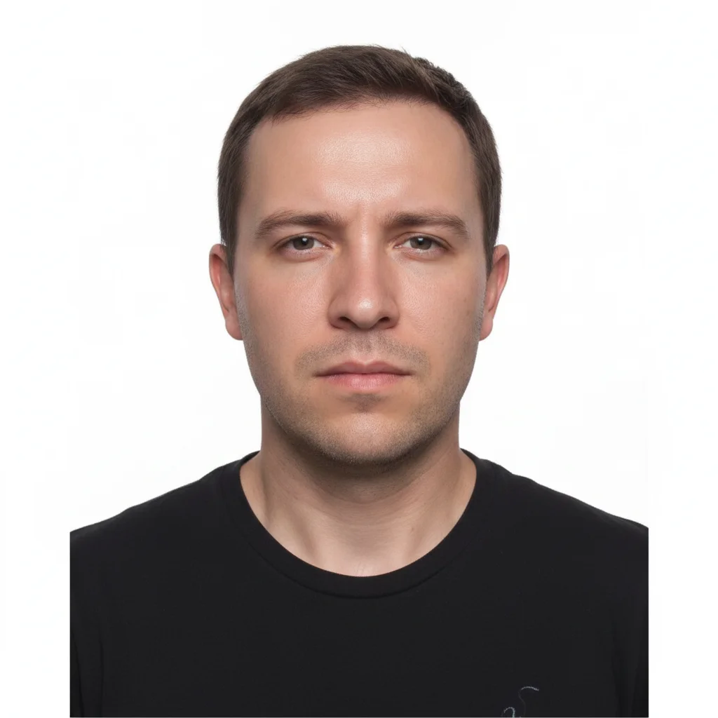 Same person with plain white background and evenly lit face, no shadows